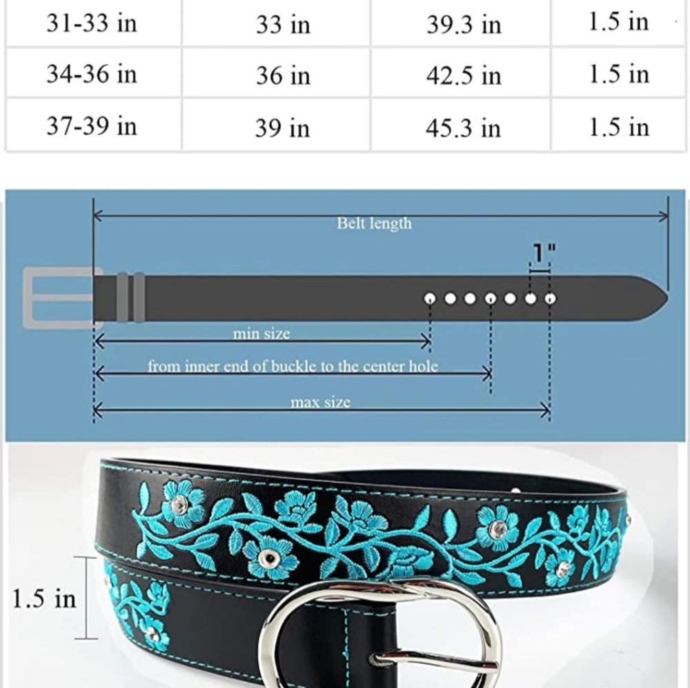 Gorgeous new turquoise floral black belt buckle 31-39